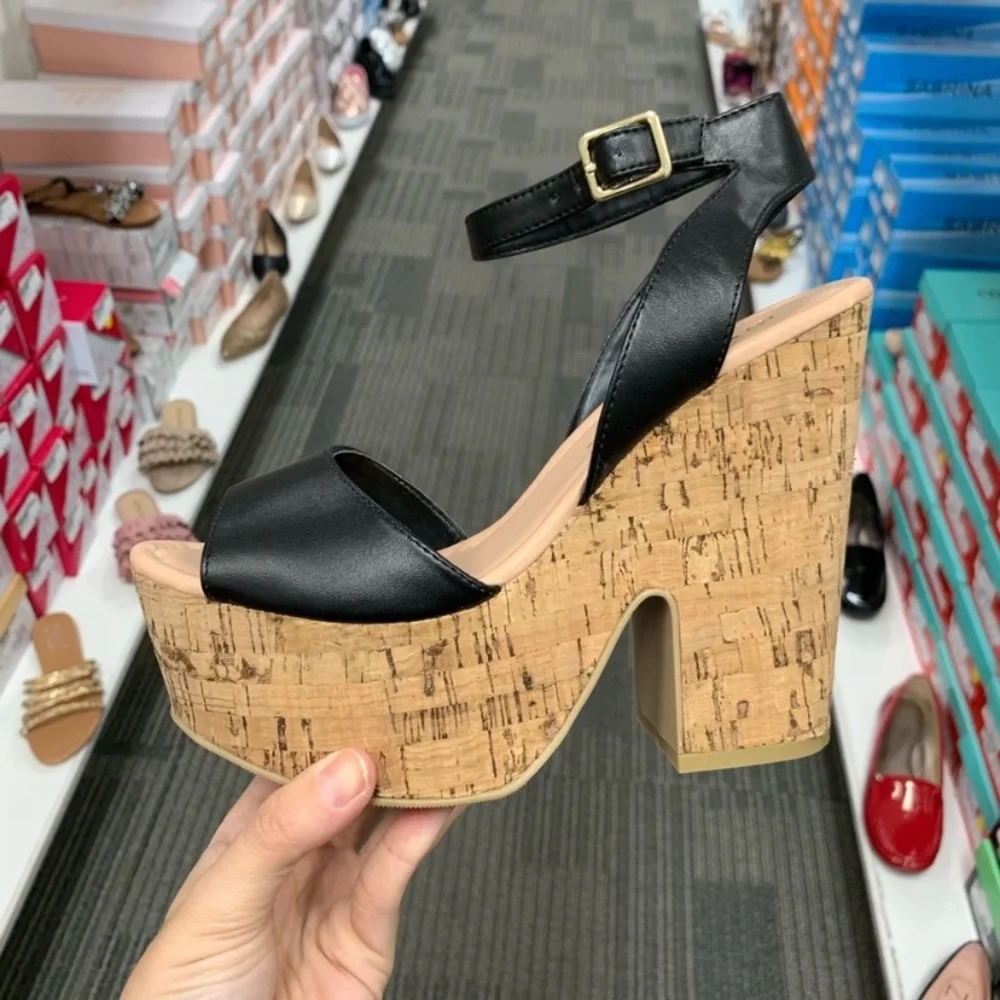 New faux leather cork wedge strappy peeptoe heels